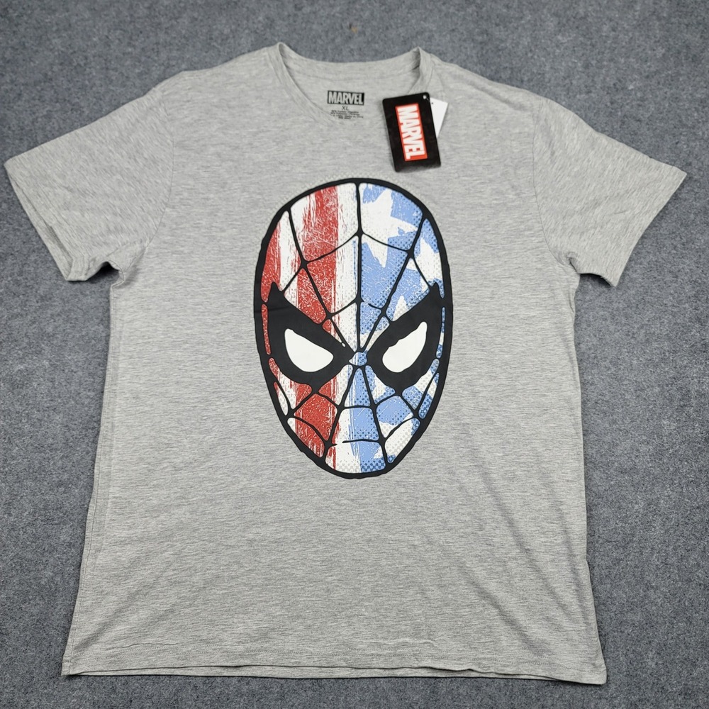 Marvel Spider-Man American Flag Mask Graphic T-Shirt Grey Mens XL Red White Blue